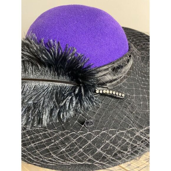 VTG Mr. Charles Michael Howard Women's Hat Feather Blk Purple Felted Wool 21.5” - Picture 5 of 8